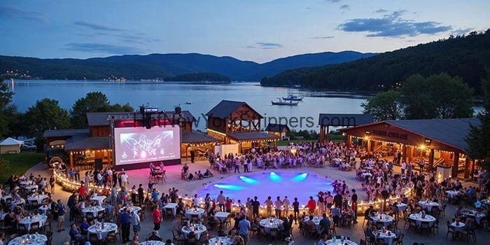 High-energy outdoor party on Lake George with pool, movie screen and Hot New York Strippers entertainment