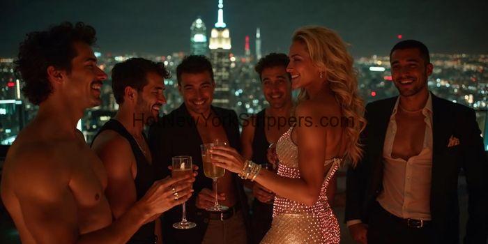 nyc-bachelor-party-private-strippers | New York Strippers A group of people are having a drink in front of a city skyline
