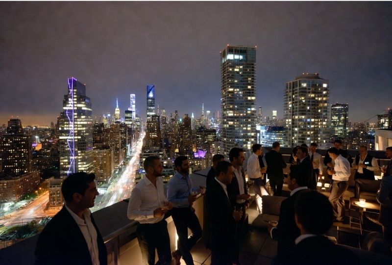 NYC bachelor party rooftop penthouse with skyline view in Manhattan