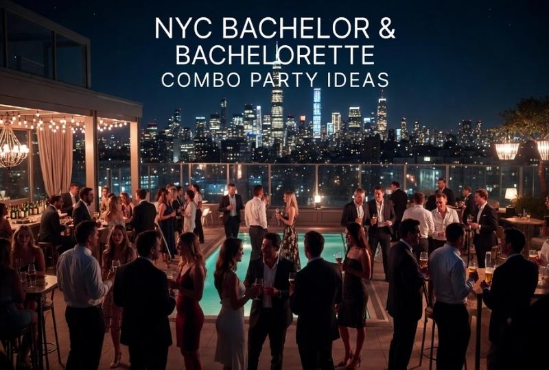 NYC bachelor and bachelorette combo party in luxury rooftop setting with Manhattan skyline