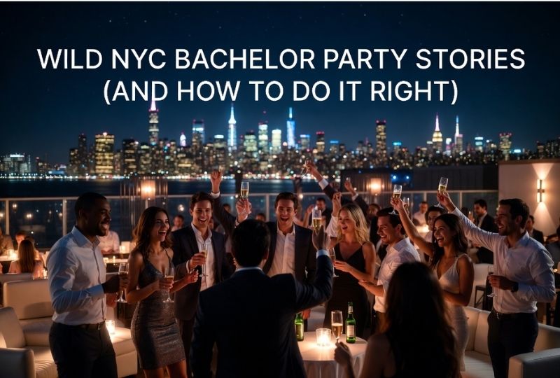 NYC bachelor party group celebrating in penthouse with skyline view at night