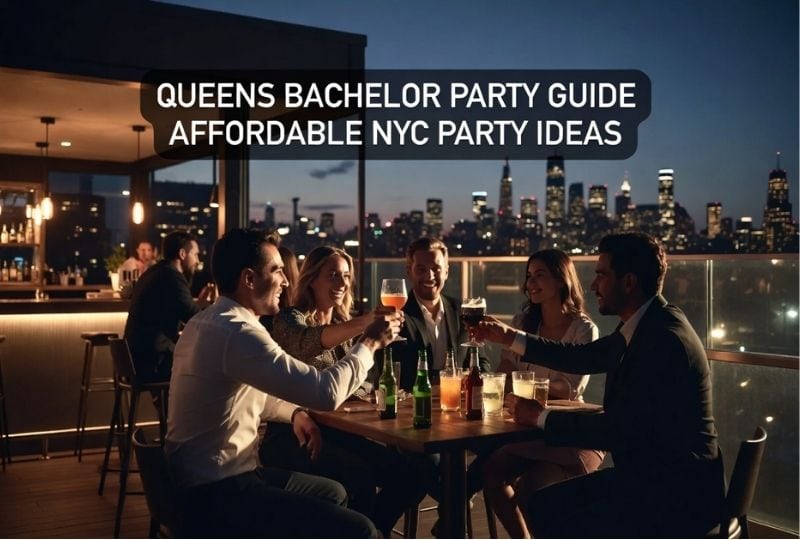 Queens NYC bachelor party rooftop with Manhattan skyline view and group of friends