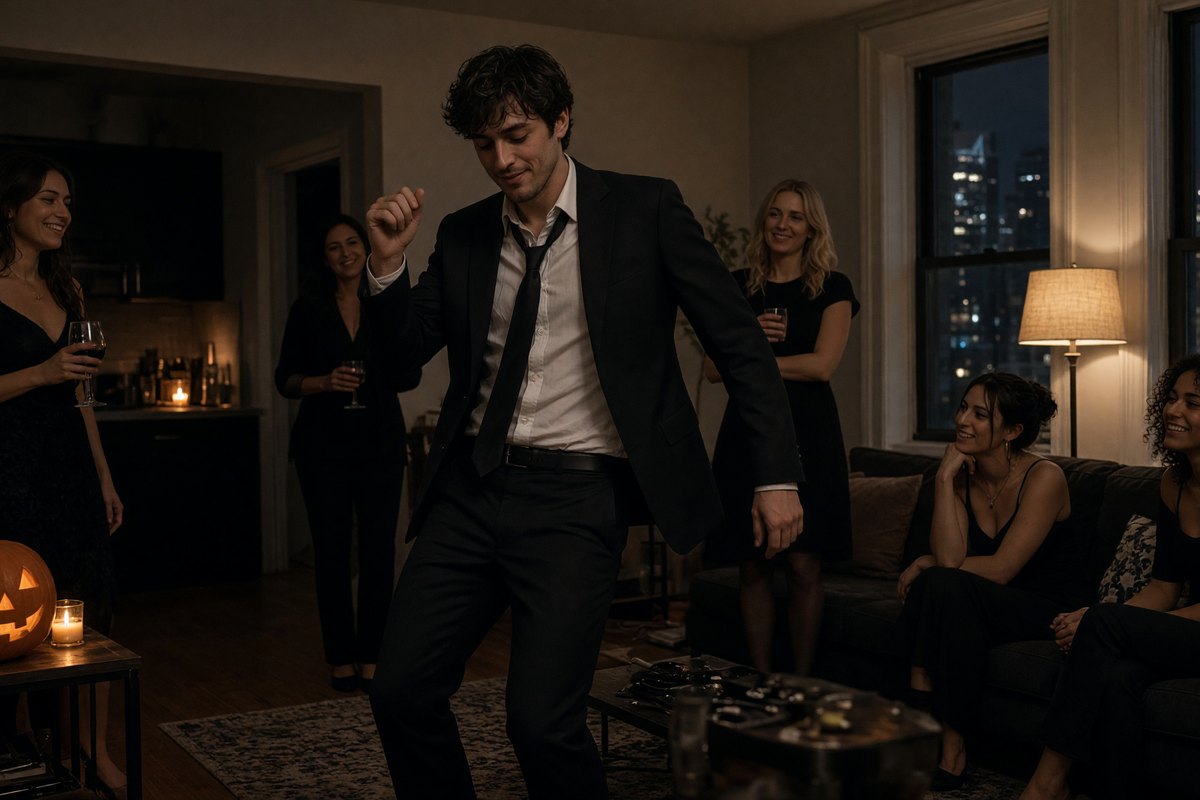 A male dancer in a revue-style suit performs at a Halloween bachelorette in New York.