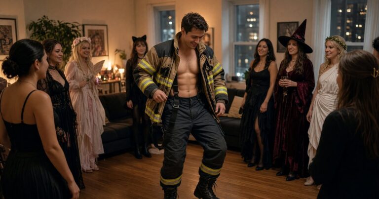 A male firefighter dancer performs at a Halloween bachelorette party in NYC.