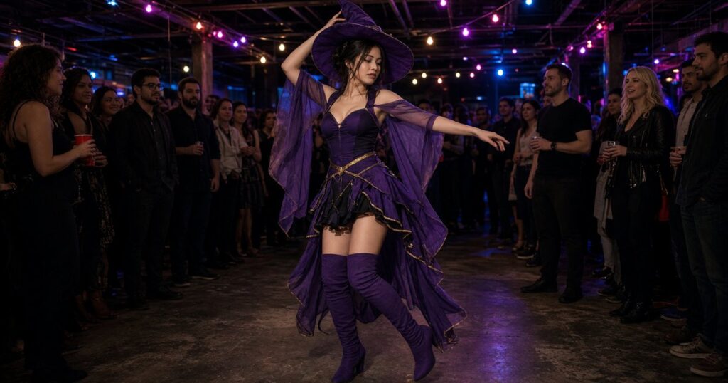 A cosplay stripper in a purple witch costume performs at an NYC Halloween party.