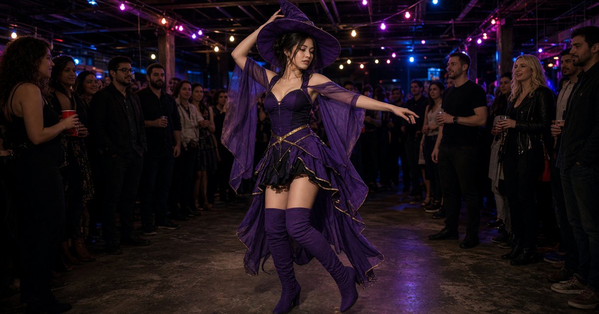 A cosplay stripper in a purple witch costume performs at an NYC Halloween party.