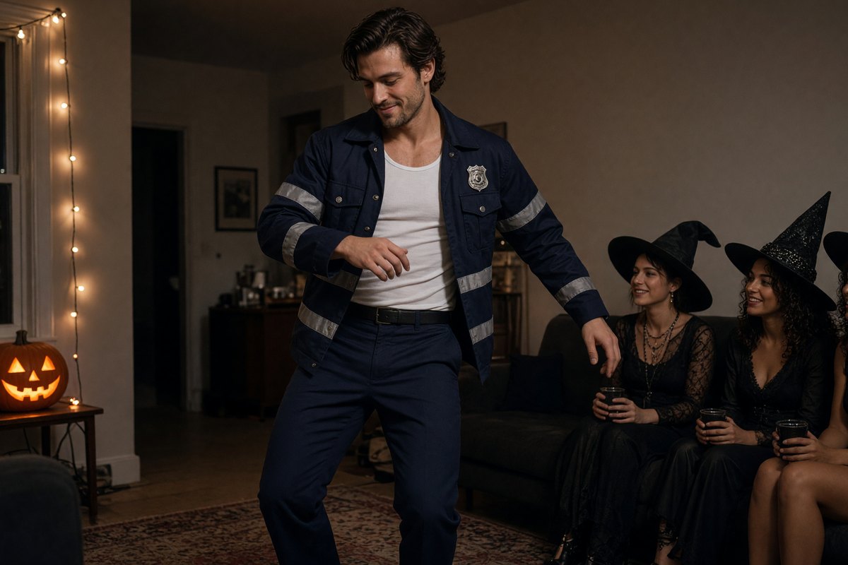 A cop-costume dancer performs Halloween stripper entertainment in a NYC living room.