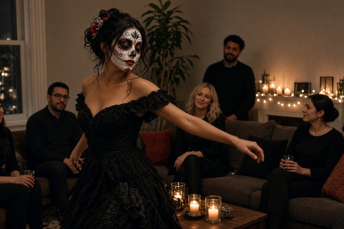 A Day of the Dead look dancer performs Halloween house party entertainment in NYC.