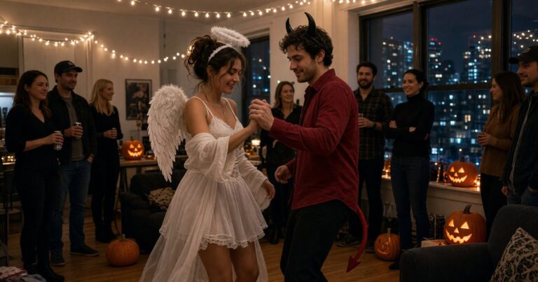 Angel and devil costumed strippers entertain a New York Halloween house party.