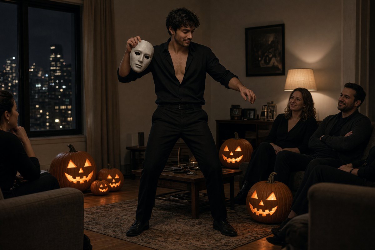 A male dancer with a Halloween mask performs last-minute Halloween entertainment in New York.
