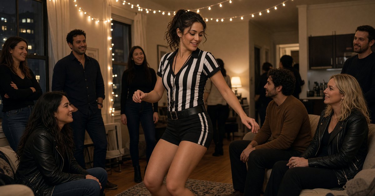 A referee-costume dancer performs last-minute Halloween entertainment in NYC.