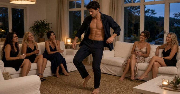 A male stripper performs in a Hamptons share-house living room for a bachelorette party.