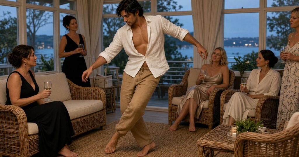 A male stripper performs at a Hamptons summer bachelorette in a sunroom.