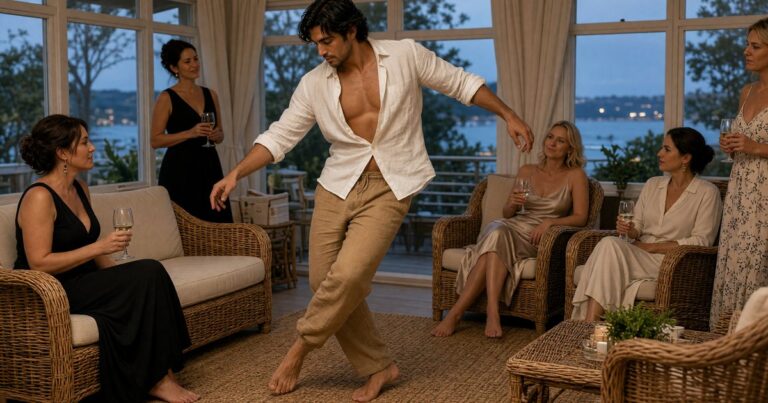 A male stripper performs at a Hamptons summer bachelorette in a sunroom.