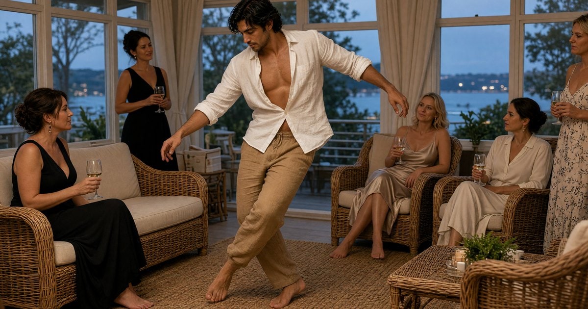 A male stripper performs at a Hamptons summer bachelorette in a sunroom.
