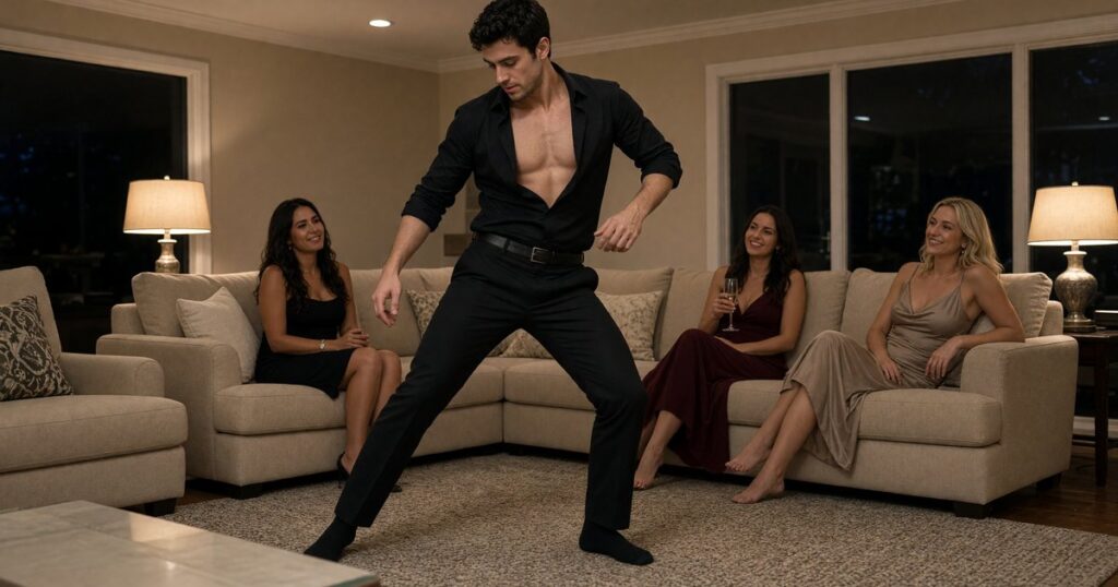 A male dancer performs at a Long Island bachelorette party in a suburban living room.