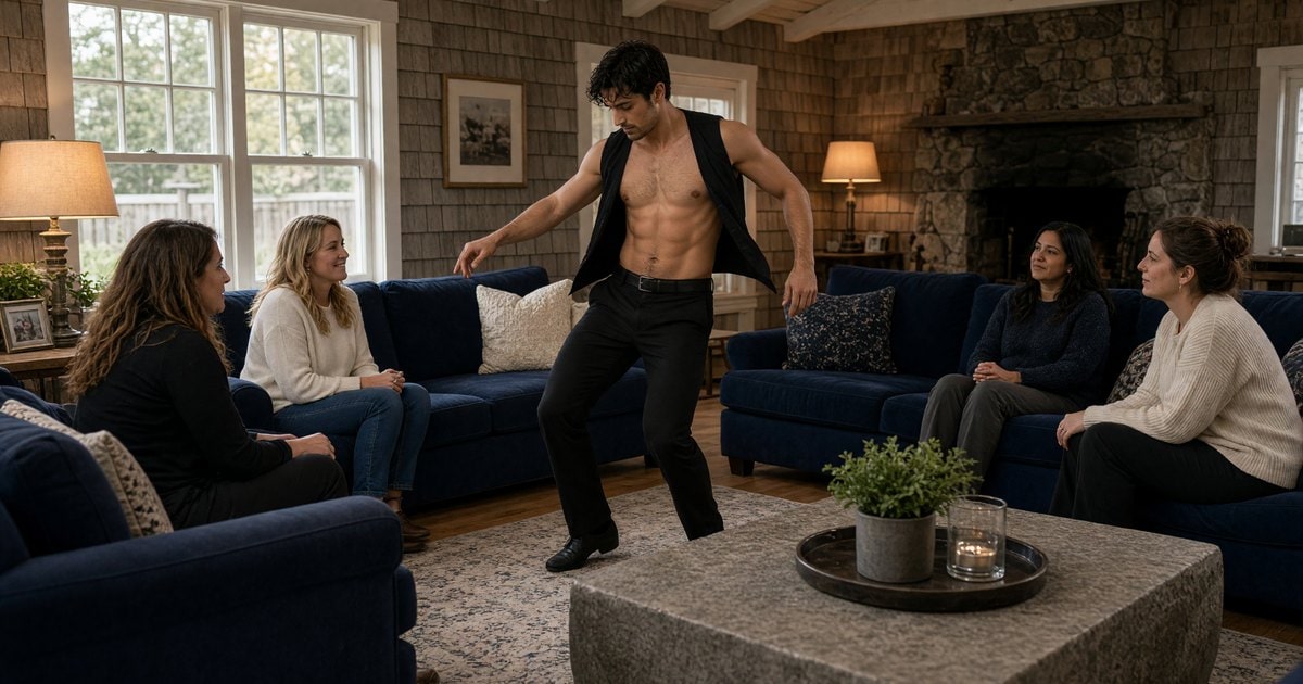 A male stripper performs a private revue at a Montauk birthday party in a cottage.