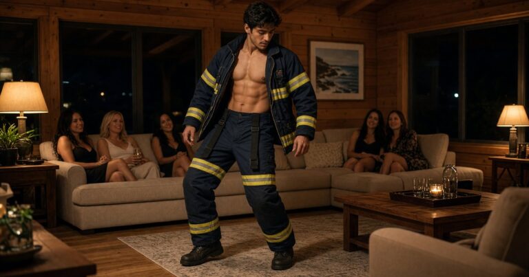 A male stripper in firefighter gear performs a private revue in a Montauk beach house.
