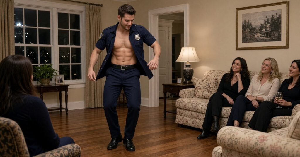 A male stripper in a police costume performs at a Nassau County bachelorette.