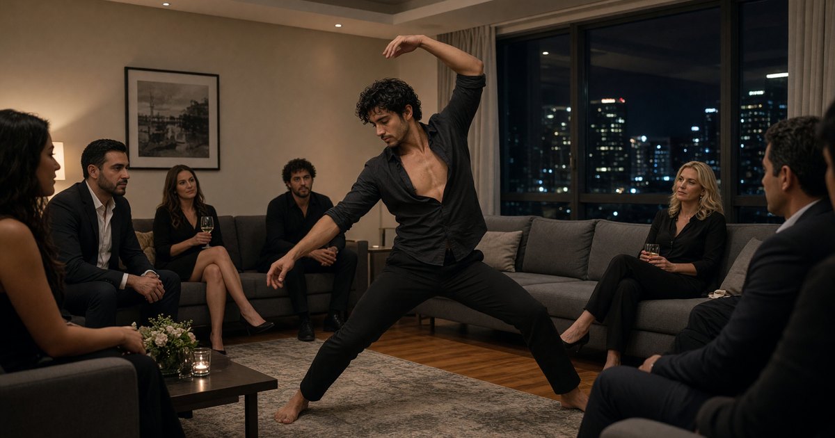 A private party dancer performs in a hotel suite living room for a small group.