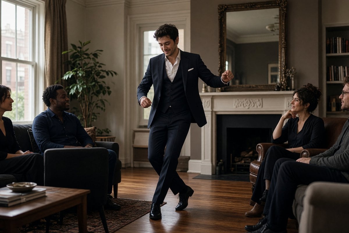 A male dancer performs in a Brooklyn apartment parlor for a small group.