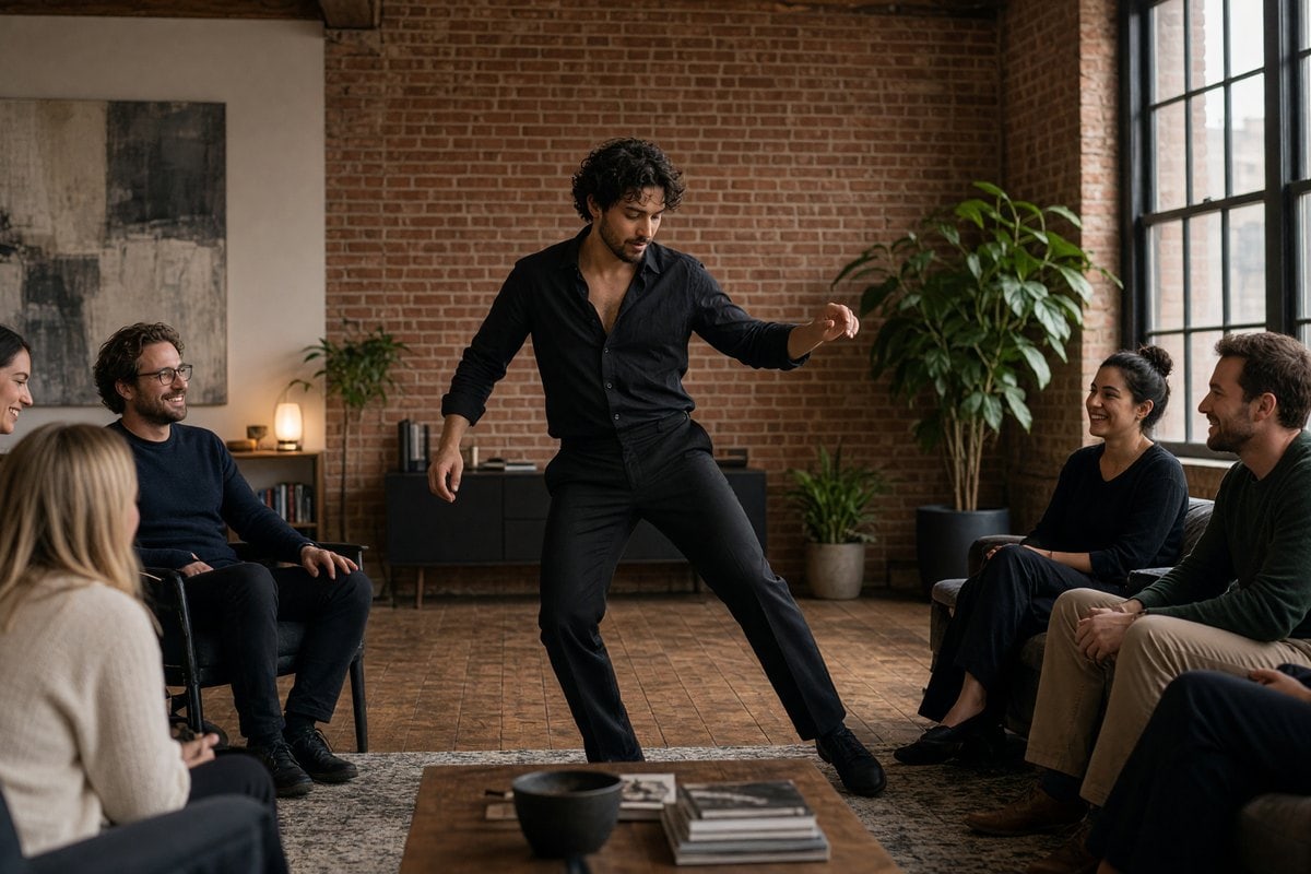 A male dancer performs at a Brooklyn loft house party.