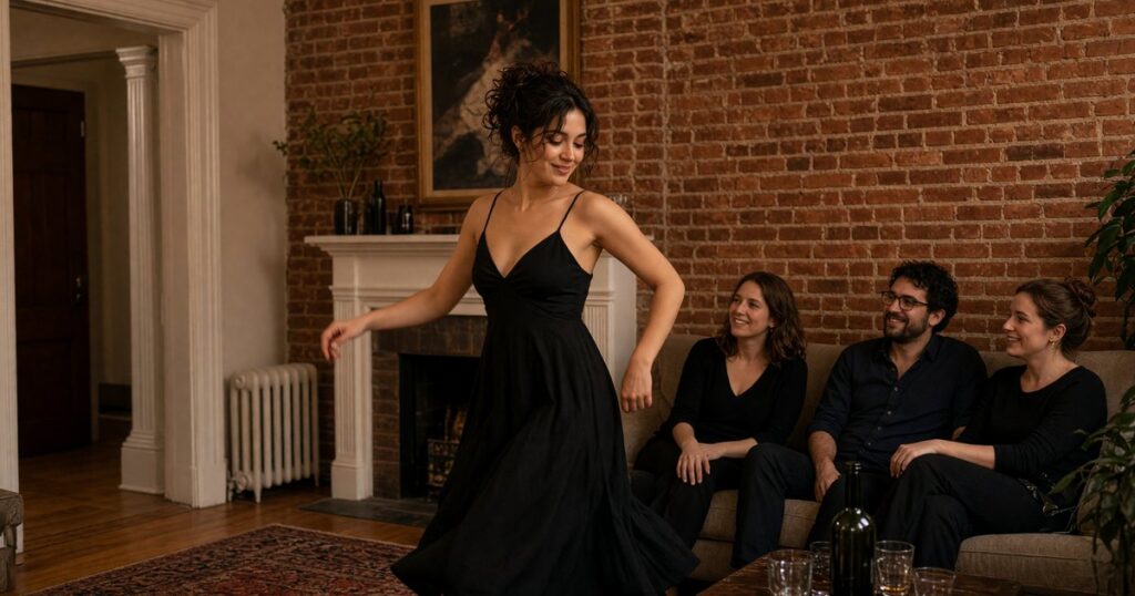 A dancer performs at a Brooklyn house party in a brownstone parlor.