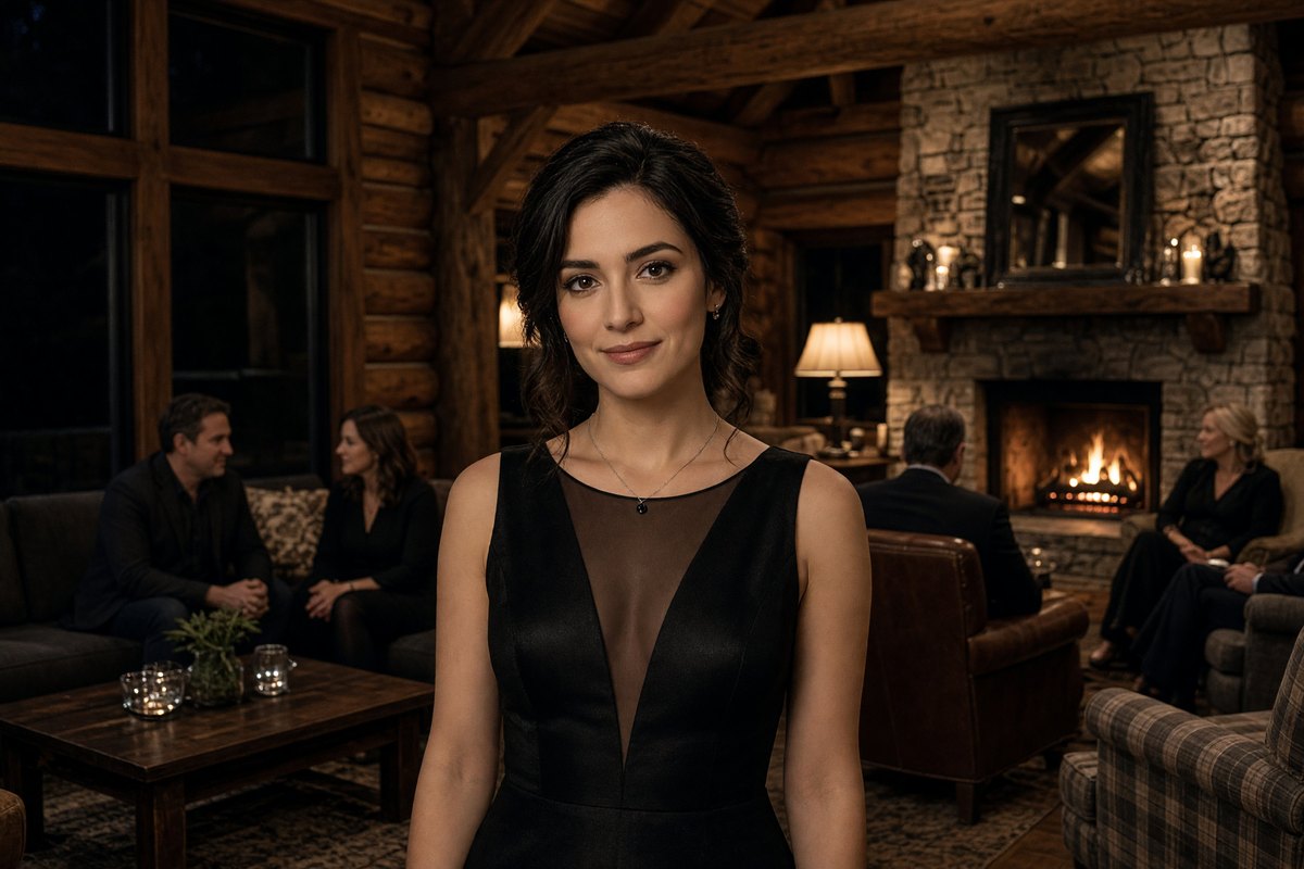 A female dancer entertains a cabin party upstate in a wood living room.