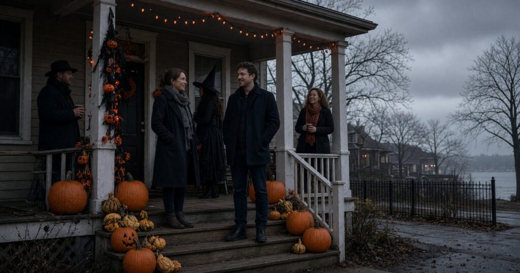 A Buffalo porch with pumpkins and coats at Halloween dusk.