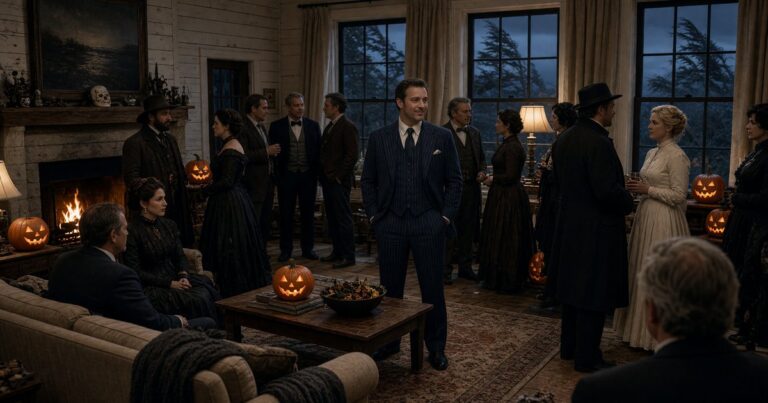 A Hamptons house living room set for Halloween night.
