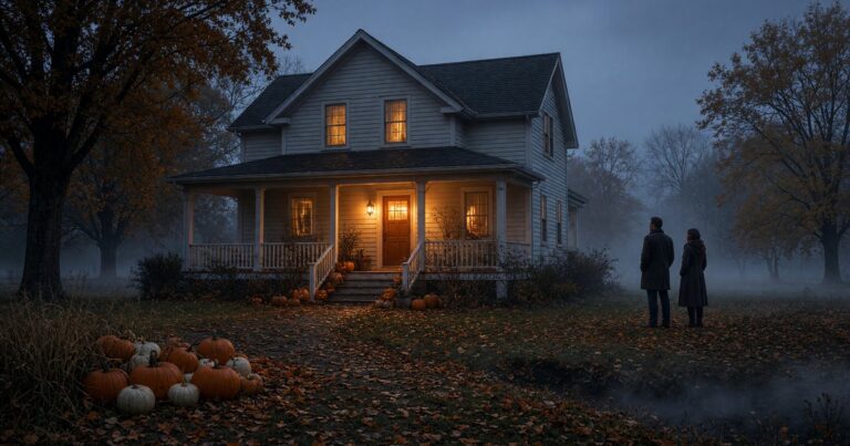 A Hudson Valley farmhouse with pumpkins and mist at Halloween dusk.