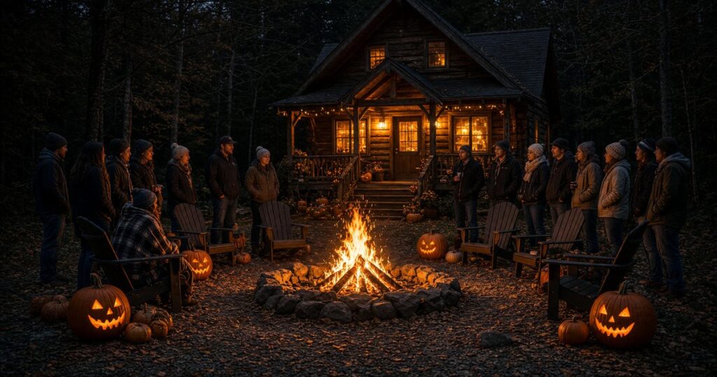 An Adirondack cabin with a Halloween bonfire on a cold night.