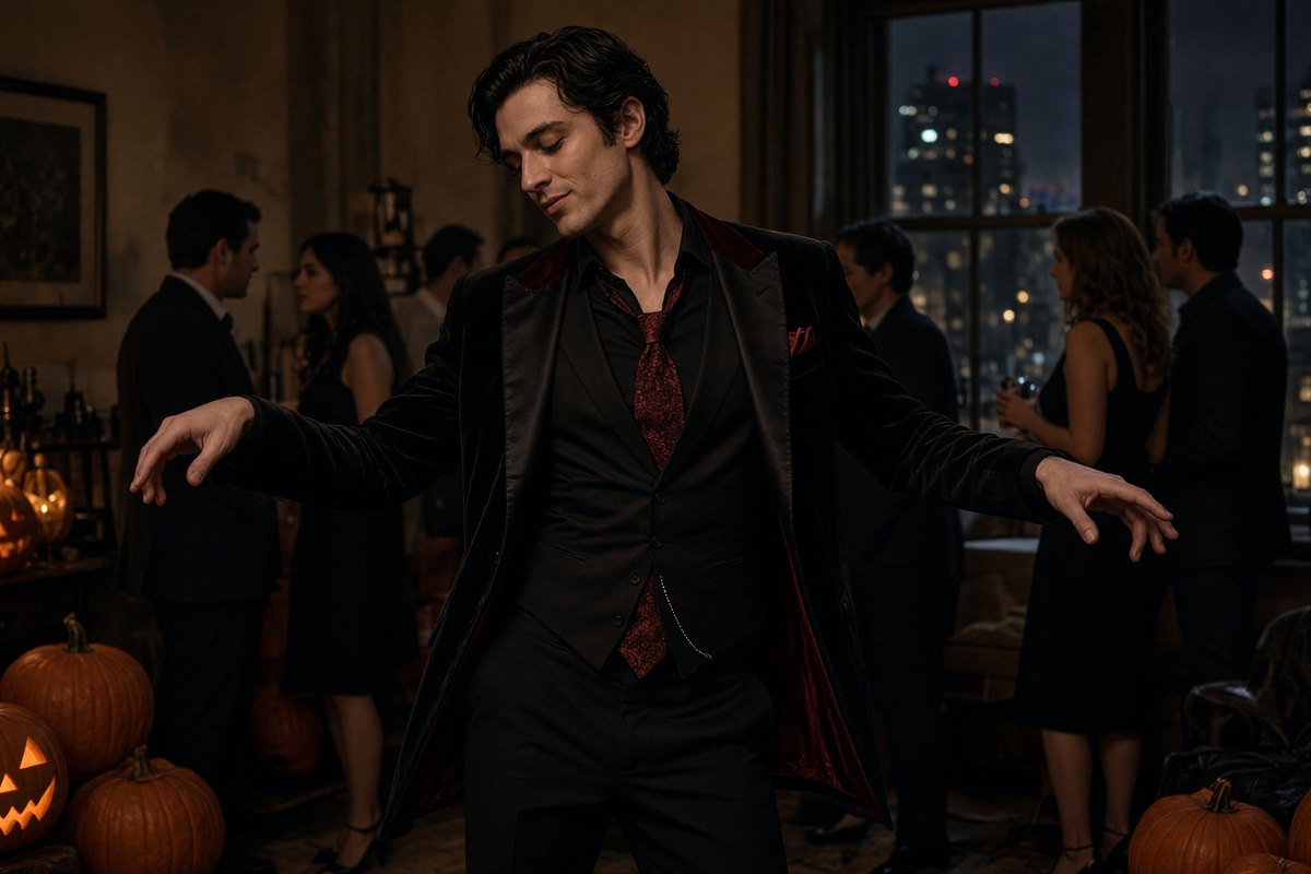 A vampire-costume dancer performs Halloween night entertainment in NYC.