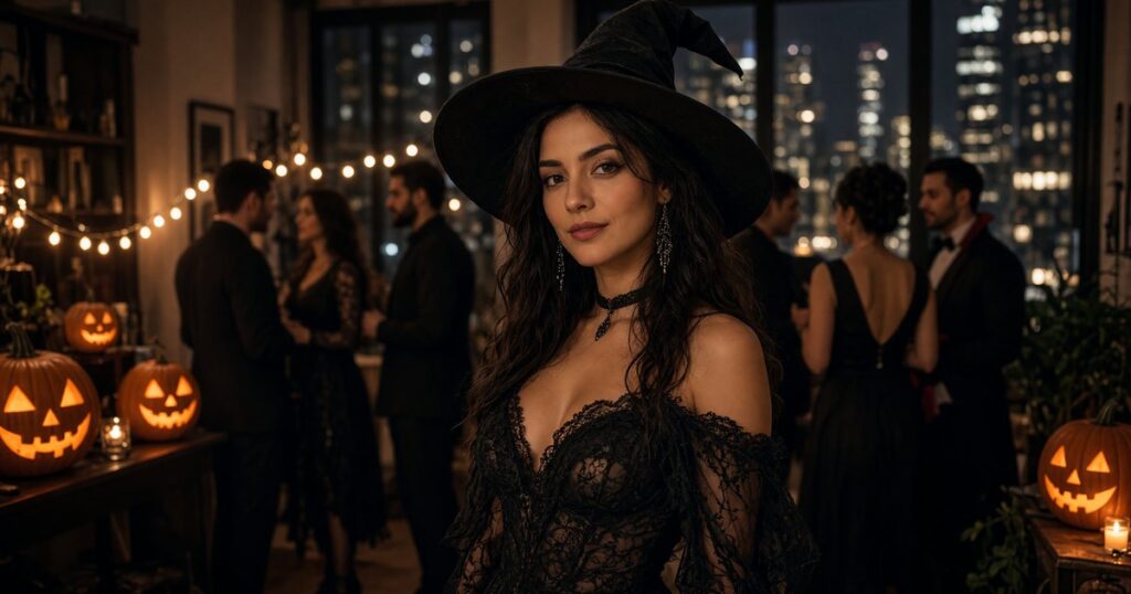 A witch-costume dancer at a Halloween night stripper booking in NYC.