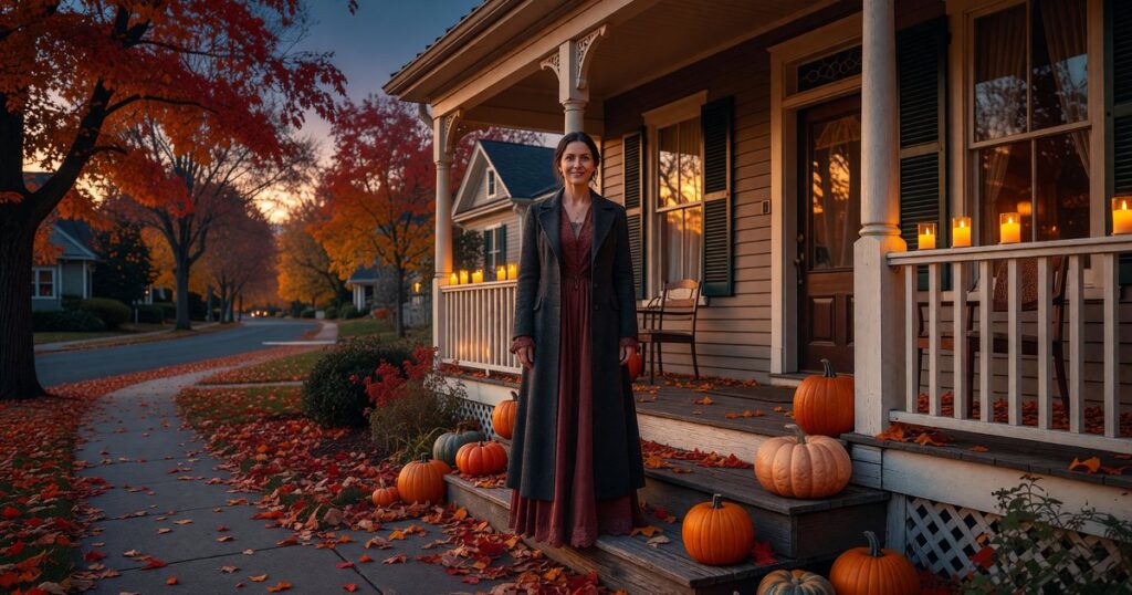 A Saratoga Springs porch with pumpkins at Halloween dusk.