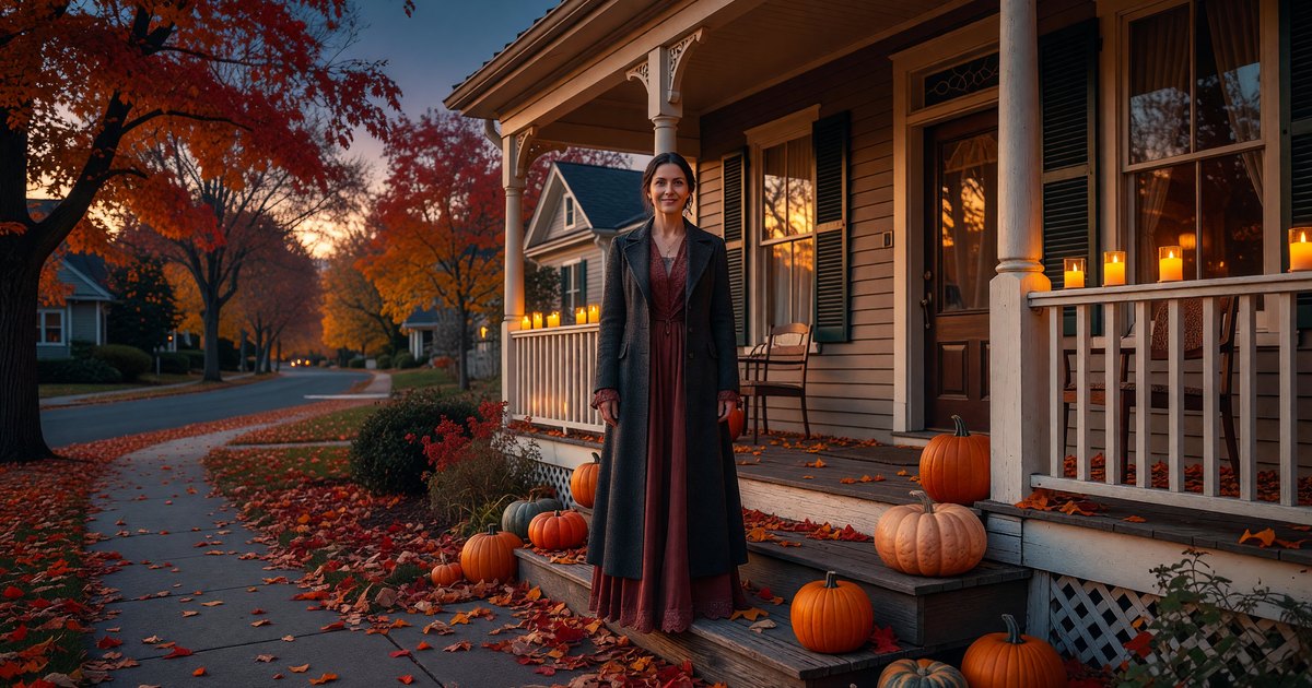 A Saratoga Springs porch with pumpkins at Halloween dusk.