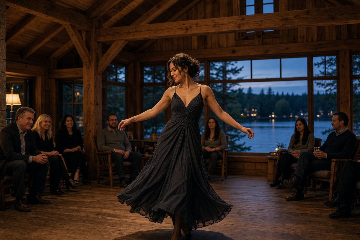 A female dancer performs at an upstate New York lake house party at dusk.